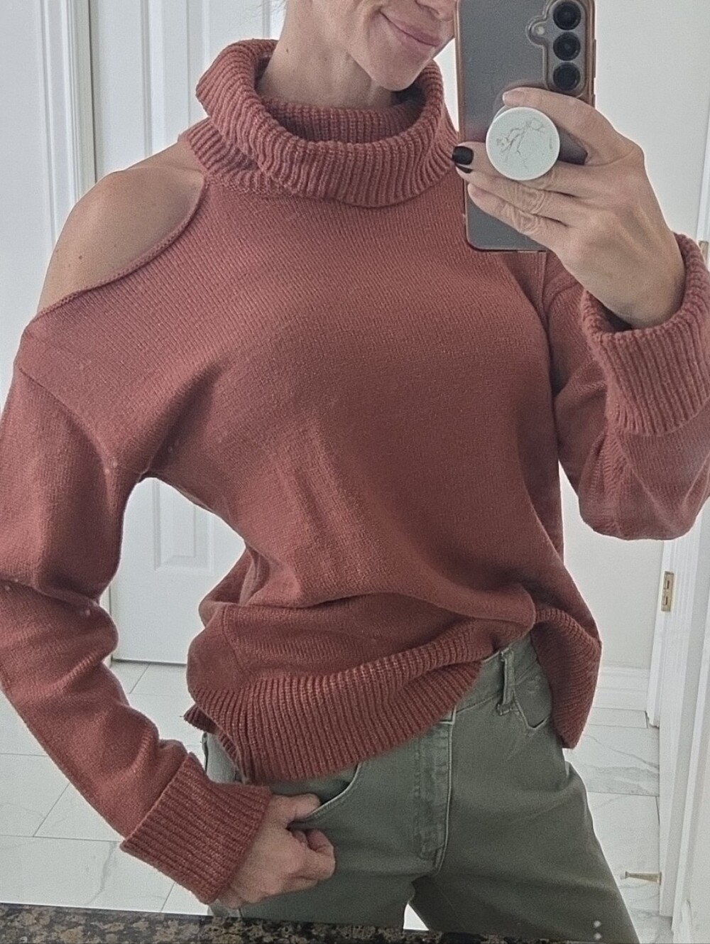 Cold-Shoulder Turtleneck Sweater in Rust